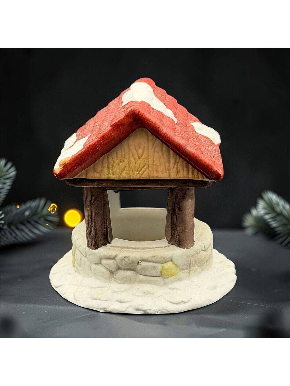 Vintage Christmas Village Wishing Well Snowy Red Roof Figurine Original Box 3"
